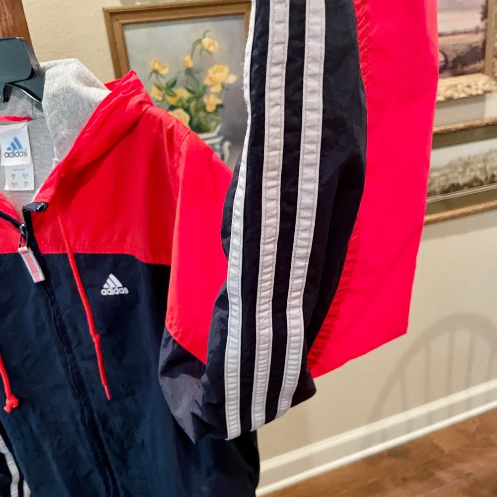 Adidas men’s full zip hooded lined windbreaker jacket w/ pockets SZ M navy red - Picture 6 of 12